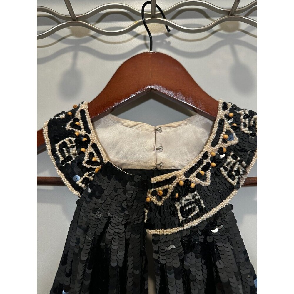 AJ Bari Vtg Halter Neck Black and White Silk Sequins Short Dress Size S - Picture 9 of 13